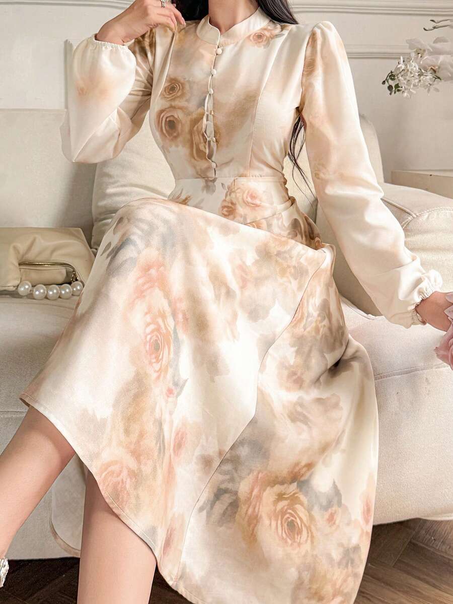 DAZY 女士优雅印花长裙，夏季 - 粉色 - 查看 1