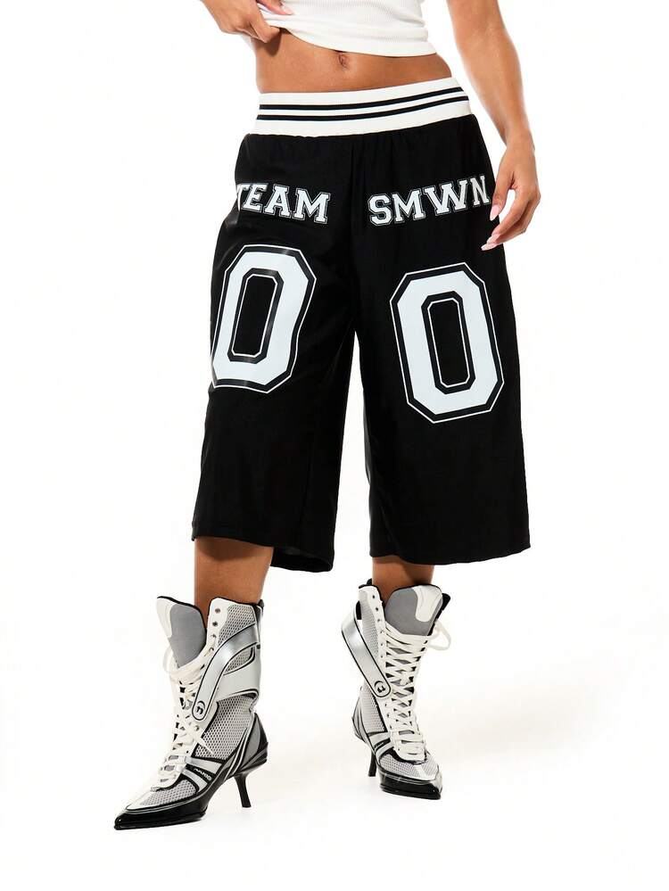 SUMWON WOMEN Black Graphic Wide Leg Jorts With Striped Waistband