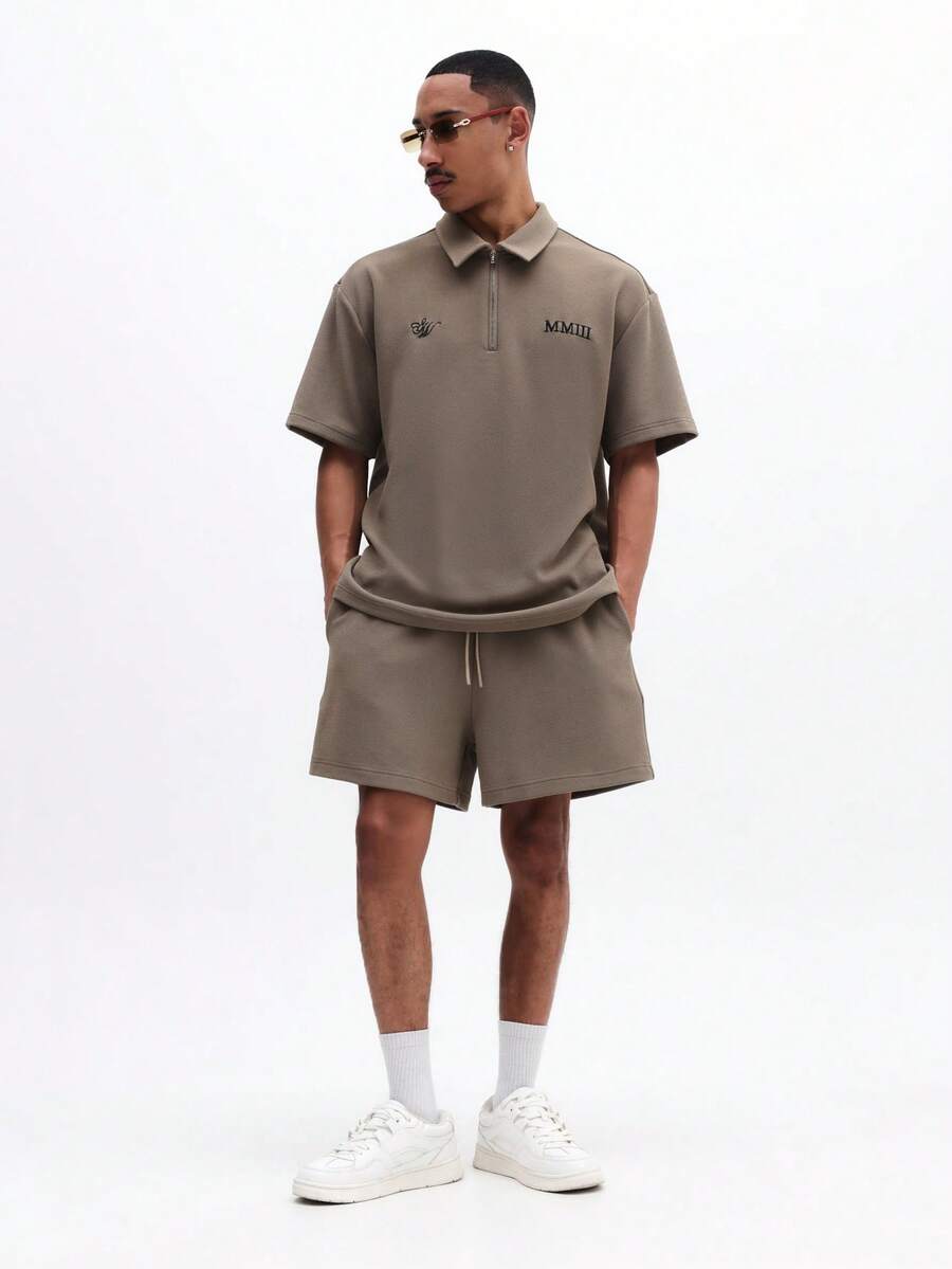 SUMWON Besticktes Poloshirt und Shorts Set mit Viertelreißverschluss und Tunnelzug in der Taille für lässigen Sommertragen - Khaki - Übersicht 1