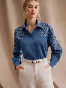 Anewsta Spring/Summer New Arrival Modern Fashion Embellished Rhinestone & Pearl Decor Women Elegant Blouse Rhinestone Shirt - Blue - View 4