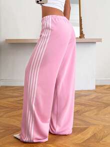 SHEIN EZwear 女士白色粉色针织低腰侧条纹长款运动裤 - 粉色 - 查看 3