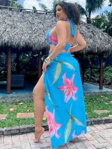 Swim Oasis Bộ đồ bơi 3 mảnh cỡ lớn dành cho nữ, kiểu dáng gợi cảm, cổ yếm, in kỹ thuật số ngẫu nhiên, thích hợp cho bãi biển, hồ bơi, phong cách thường ngày và thanh lịch. - Nhiều màu - Xem 6