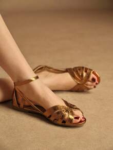 Rosivie 夏季新款女士棕色绒面编织绑带凉鞋，绑带包覆式露趾高跟罗马鞋，时尚通勤宴会鞋 - 銅色 - 查看 4