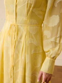 ZEYLAH Women's Elegant Commuter Solid Color Cutout Front Button Long Dress - Yellow - View 3