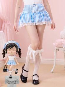 ROMWE Kawaii Women's Cute Vacation Style Blue & White Striped Lace Trim Tie-Up Super Low Waist Mini Skirt - Blue - View 1