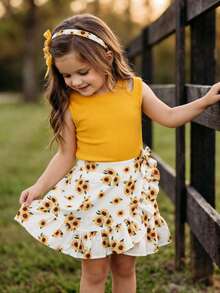 Emery Rose Kids Emery Rose Kids Conjunto de top sin espalda de cuello redondo de unicolor y minifalda con volantes con estampado de girasol para niña - Amarillo - Ver 1