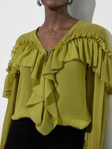 Aveloria Modichic 薄荷绿雪纺荷叶边下摆女士衬衫，V领设计，层叠褶皱波浪元素，法式复古浪漫优雅办公室长袖衬衫 - 綠色 - 查看 5