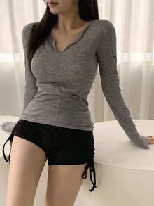 DAZY 女式修身透视长袖T恤，秋季服装 - 灰色 - 查看 2