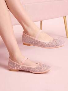 CUCCOO DOLLMOD 女士鞋履 春夏时尚粉色全钻网纱小蝴蝶结松紧带女士平底鞋 优雅舒适透气可爱甜美玛丽珍平底鞋 - 粉色1 - 查看 4