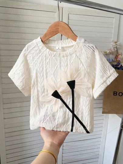 SHEIN Young Girl' Fashion Casual Lace Fabric 3D Floral Decor Round Neck Short Sleeve T-Shirt