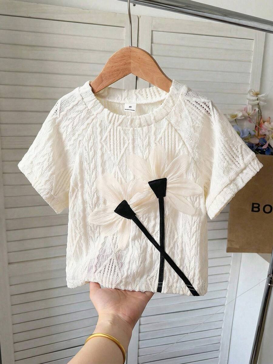 SHEIN Young Girl' Fashion Casual Lace Fabric 3D Floral Decor Round Neck Short Sleeve T-Shirt,Kids - White - View 1