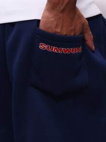 PLAYBOY X SUMWON 男士海军蓝兔子标志图案抽绳篮球短裤，带侧袋，夏季休闲运动短裤 - 寶藍色 - 查看 6