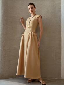 MOTF PREMIUM Vestido casual minimalista sin mangas con escote en V y cintura ceñida con patchwork - Marrón - Ver 5