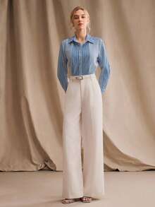 Anewsta Women's Elegant Shirt, Minimalist Commuter Long Sleeve Striped Collared Blouse Blue And White Shirt Stripe Shirt Blue Striped Shirt - Blue - View 7