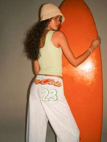 Athîral Jeans de pierna ancha versátiles y casuales con bolsillo, botón, gráfico de letras y números, para uso diario - Azul - Ver 2