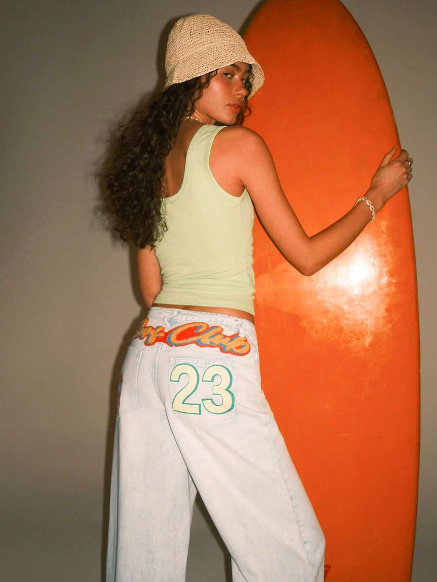 Athîral 女士口袋纽扣字母数字图案休闲百搭阔腿牛仔裤，日常穿着 - 藍色 - 查看 1