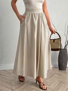 Women's Casual Flared Blue Maxi Dress With Pockets, Non-Stretchy Fabric - Beige - View 4