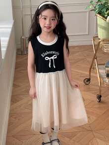 DAZY Young Girl Letter & Bow Print Mesh Hem Sleeveless Dress - Black and White - View 5