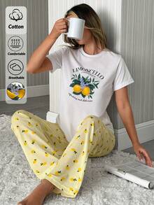 SHEIN Cotton 2pcs Women Limon Print Short And Limoncello Print Top Homewear Pajama Set - Yellow - View 1