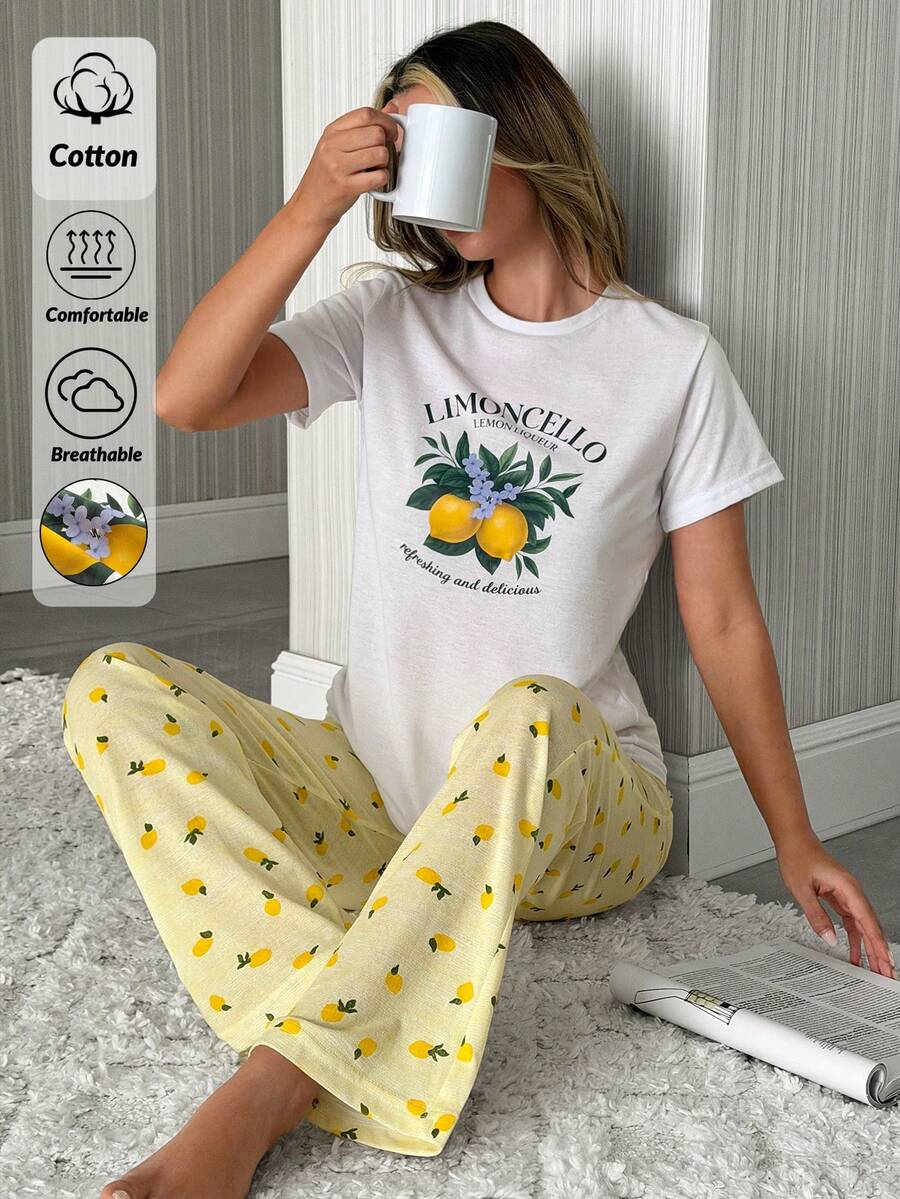 SHEIN Cotton 2pcs Women Limon Print Short And Limoncello Print Top Homewear Pajama Set - Yellow - View 1