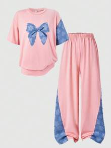 2pcs/Set Tween Girls Pink Summer Cute School Casual Short Sleeve T-Shirt And Sports Pants Set,Patchwork Jacquard Fabric With Laser Heat Transfer Bow - Pink - View 4