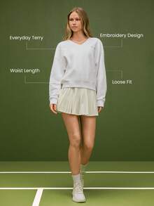 GLOWMODE 日常保暖抓绒套头衫，柔软轻盈，宽松舒适，V领设计，刺绣工艺，适合网球、高尔夫、匹克球等运动，日常休闲穿着。 - 白色 - 查看 2