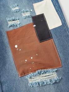 SHEIN MOD 女士休闲破洞阔腿牛仔裤 - 藍色 - 查看 4