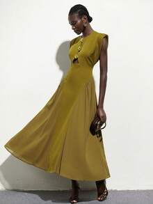 Aveloria Modichic 橄榄绿宽廓形镂空设计，金属贝壳不规则搭扣，无袖下摆拼接雪纺连衣裙，简约复古现代通勤优雅派对百搭女士长裙 - 橄欖綠 - 查看 2