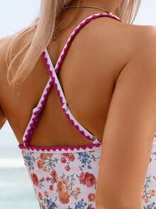 SHEIN Swim Mod 春夏阳光沙滩泳衣，甜美细肩带锯齿状花卉印花纹理露背可调节交叉绑带高衩连体泳衣，女士款 - 彩色 - 查看 5