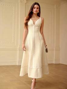 ZEYLAH Elegant Spaghetti Strap Waist Gathered Hem Dress, Spring/Summer - Apricot - View 6