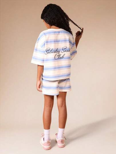 SUMWON Tween Girls Striped T-Shirt And Shorts Co-Ord Set Two Piece Outfit Casual Summer Saturday Social Club Slogan Print Short Sleeve Crew Neck