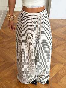 SHEIN EZwear Women's Casual Striped Drawstring Waist Sweatpants - Apricot - View 4