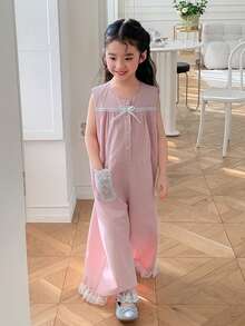 Dazy Kids Mono holgado de pierna ancha sin mangas con decoración de lazo y botones de media cartera para niña en verano - Rosa - Ver 4