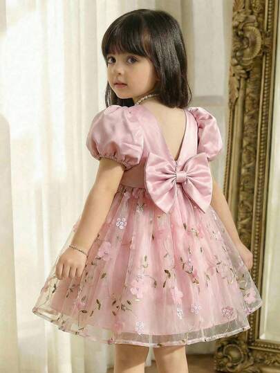 SHEIN Babygirl Elegant & Cute Summer Pink Floral Mesh Short Sleeve Dress