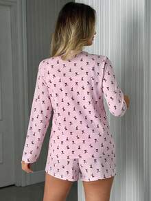 EURMUSE Conjunto de 3 piezas de mujer 100% algodón con cárdigan, pantalón corto y camiseta con estampado lindo para estar en casa - Blanco y Negro - Ver 2