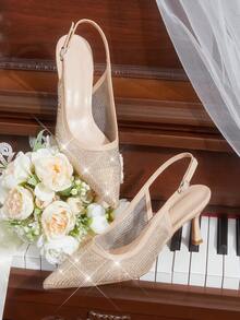 CUCCOO HITCHD Women Shoes Pointed Rhinestone High Heels Wedding Shoes - Apricot - View 2