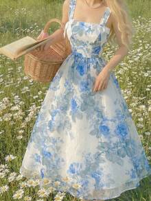 SHEIN MOD Váy suông voan organza họa tiết hoa thanh lịch dành cho nữ, phong cách nghỉ dưỡng, mùa hè - Xanh và trắng - Xem 5