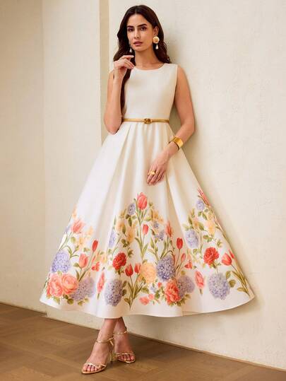 ZEYLAH Vestido de mujer con estampado floral elegante, sin mangas y con cintura ceñida, adecuado para vacaciones en la playa