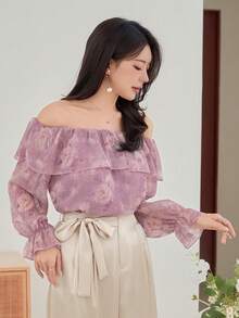 DAZY Women's Elegant Floral Off-Shoulder Ruffle Hem Blouse, Spring/Summer - Purple - View 6