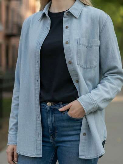 Camisa Jeans Mezclilla manga larga bolsillo pecho cuello clásico corte recto lavado claro