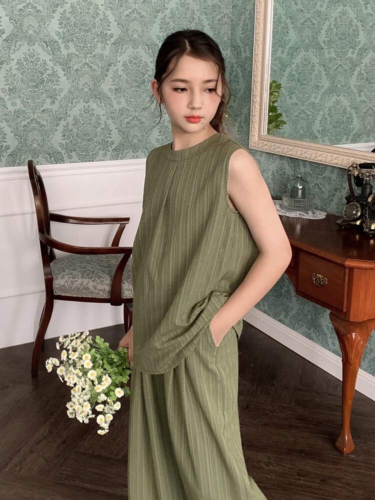 Tween Girl Solid Color Round Neck Loose Sleeveless Shirt And Pants Casual Suit