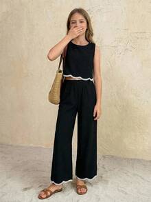 SHEIN 2件套少女碎花圆领休闲吊带背心和裤子套装 - 藍色 - 查看 2