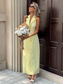 Pariaura Đầm dài không tay cổ chữ V hở lưng thắt eo, đầm thanh lịch dành cho nữ, phù hợp cho mùa xuân, hè, thu, đông, hẹn hò, thường ngày, công sở, văn phòng, đi biển, nghỉ mát. Đầm kẻ caro vàng, đầm maxi cổ yếm cho nữ, đầm đi nghỉ mát, đầm dã ngoại cho nữ, đầm cài nút màu vàng, đầm maxi cổ yếm màu vàng cho nữ, đầm đi nghỉ mát, đầm dã ngoại cho nữ. - Màu vàng - Xem 3