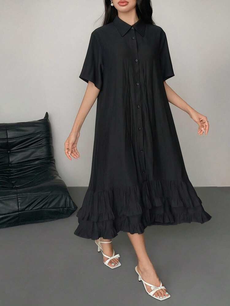 Women's Elegant Ruffled Collar Loose Mid-Length Dress Summer