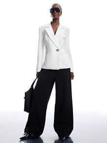 Aveloria Affinna White Backless Women's Blazer, High-End Wide Shoulder Silhouette, Metal Asymmetric Buckle Minimalist Deconstructed Style Women's Blazer - White - View 5