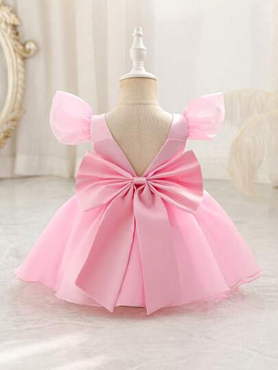 SHEIN Glamorique Kids 女婴短袖荷叶边蝴蝶结装饰派对连衣裙