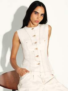 KSTM Women's Sleeveless Denim Waistcoat Button Front Vest With Contrast Stitching Detail - Apricot - View 1