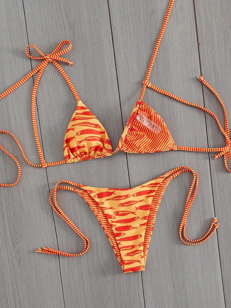Swim Vcay Conjunto de bikini sexy de 2 piezas para mujer con lazo en el hombro, inalámbrico y con relleno extraíble, adecuado para la playa y el aeropuerto - Naranja - Añade 1