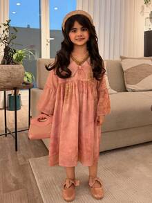 Dazy Kids Young Girl Floral Applique V-Neck Flare Sleeve Loose Dress - Pink - View 1