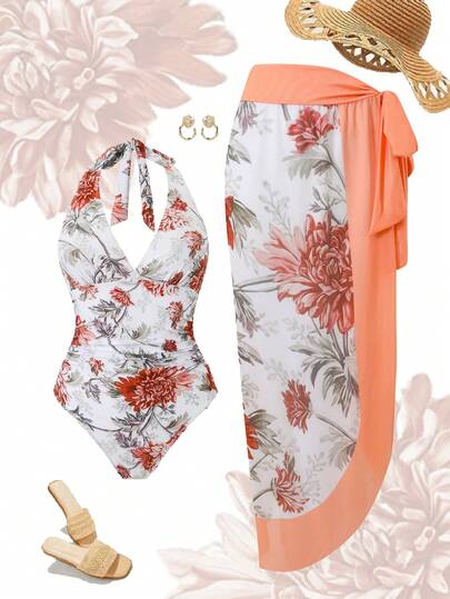 Swim Oasis Plus Size Multi-Color Circular Print Deep V-Neck Halter Strap Waist Ruched Regular Hem Matching Multi-Color Digital Placement Print Skirt Waist Tie Cord Skirt Minimalist Elegant Fashionable Sexy Beach Resort One-Piece Swimsuit For Women